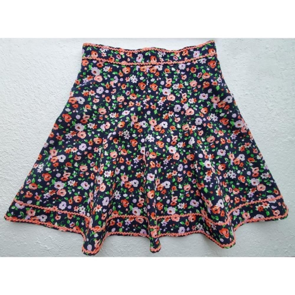 Vintage‎ 70s Floral A line Skirt Navy Pink Orange Ditsy Print Cottagecore Small
